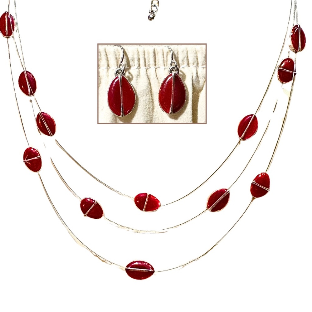 WIRE / RED ENAMEL DISKS NECKLACE & EARRINGS SET Minimalist Art Deco Silvertone